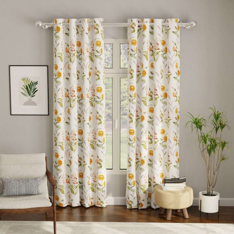 Blackout Curtains. Digital Printed Curtains. Pack of 2 Curtains - Cone Flower - Yellow - Image 2
