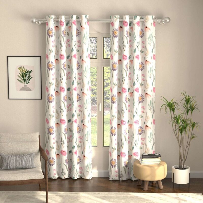 Blackout Curtains. Digital Printed Curtains. Pack of 2 Curtains - Frost Flora Peach - Image 2