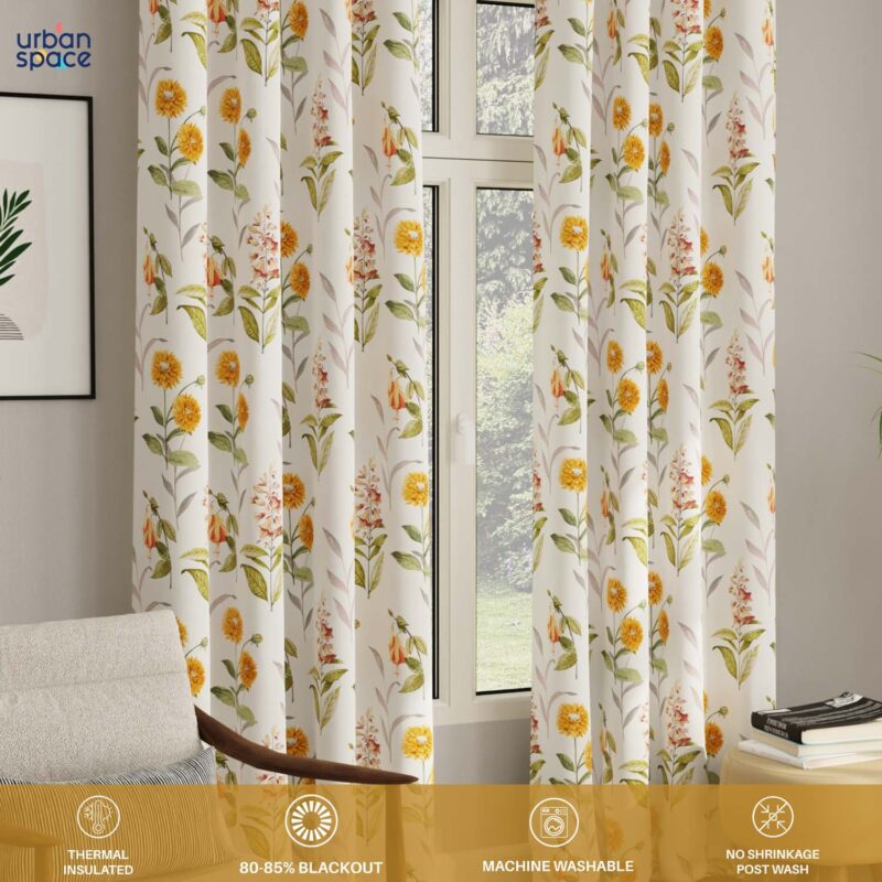 Blackout Curtains. Digital Printed Curtains. Pack of 2 Curtains - Cone Flower - Yellow - Image 4