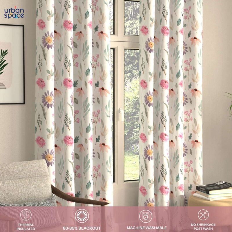 Blackout Curtains. Digital Printed Curtains. Pack of 2 Curtains - Frost Flora Peach - Image 4