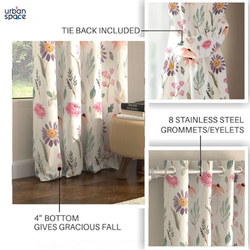 Blackout Curtains. Digital Printed Curtains. Pack of 2 Curtains - Frost Flora Peach - Image 5