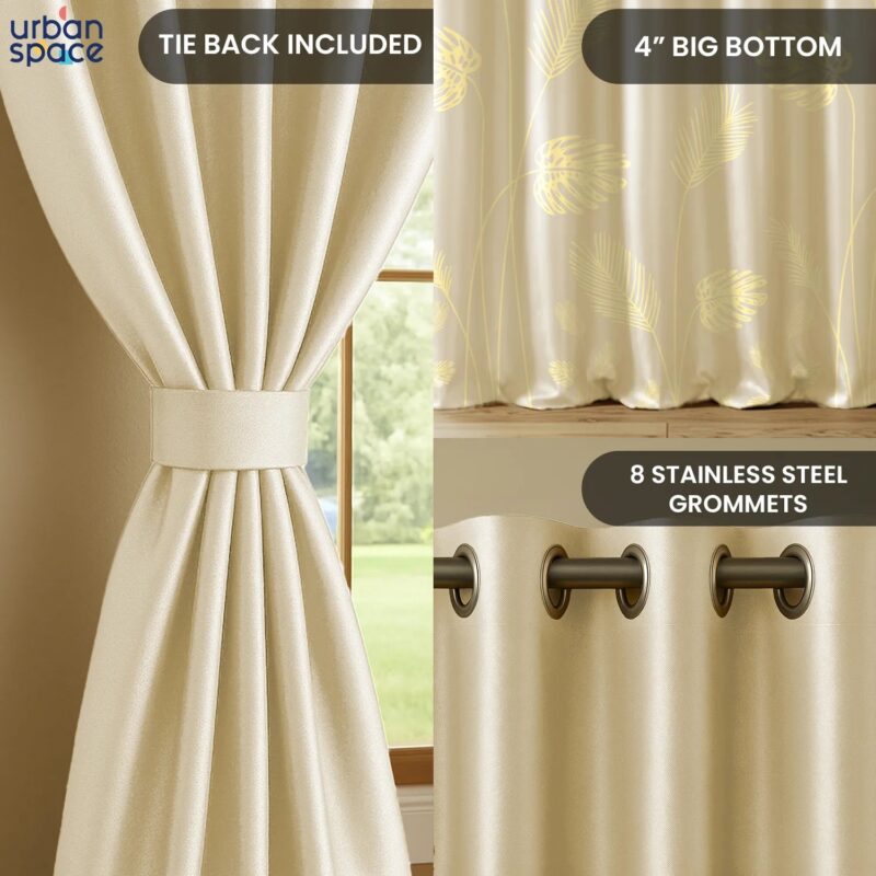 Gold Foil Printed 100% Blackout Curtains - Pack of 1 Curtain - Aurika Beige - Image 5