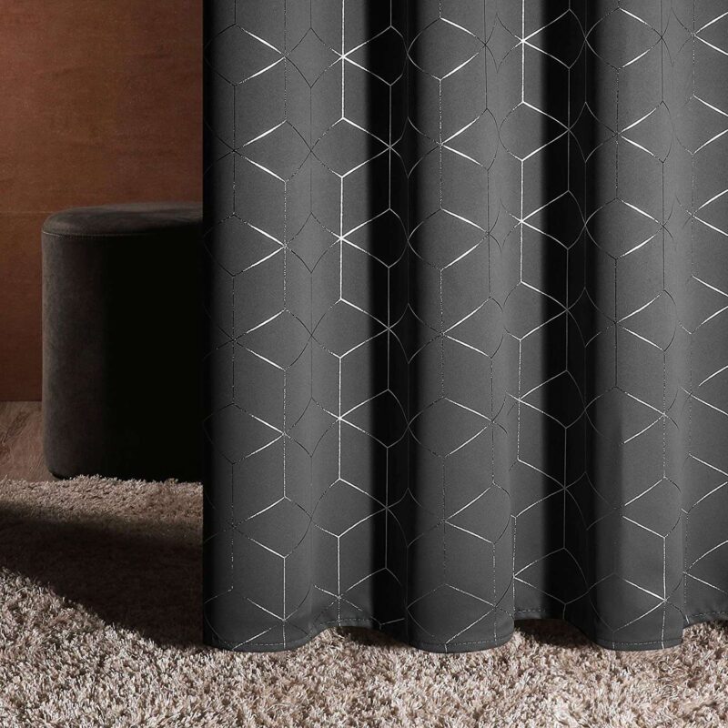 Gold Foil Printed 80-85% Blackout Curtains - Pack of 1 Curtain - Hexagon - Grey - Image 2