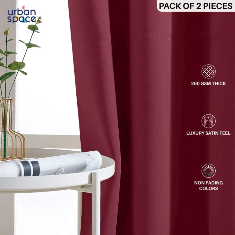Faux Silk Blackout Curtains. For Door and Window. Pack Of 2 Curtains - Burgandy - Image 2