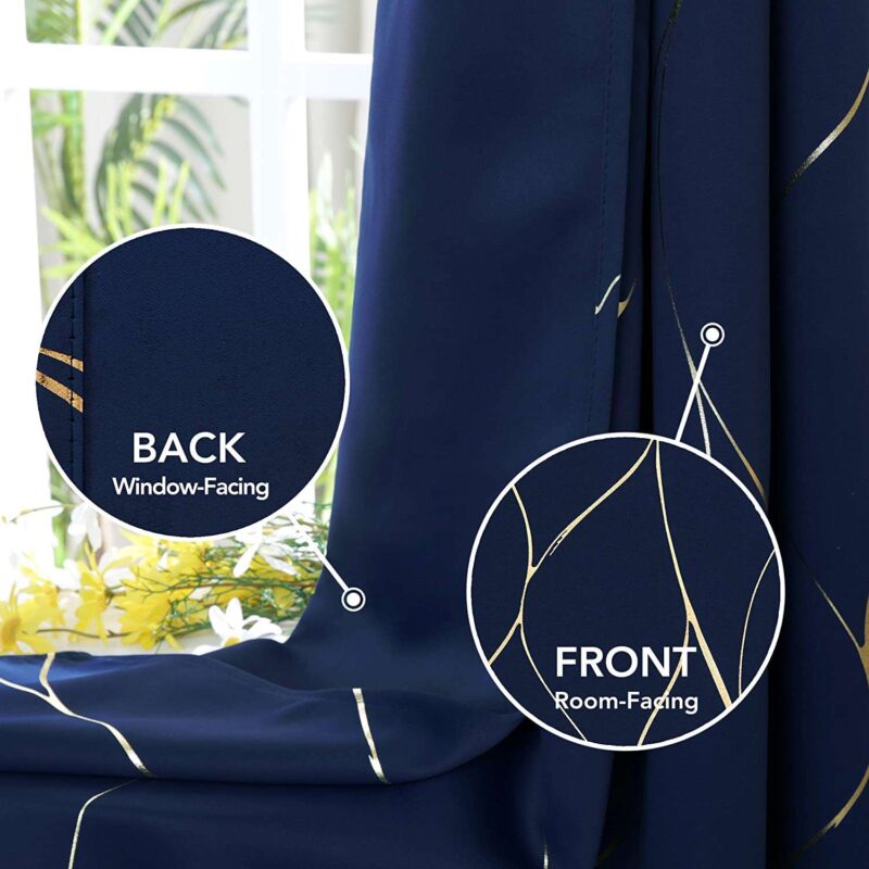 Gold Foil Printed 80-85% Blackout Curtains - Pack of 1 Curtain - Wave - Navy Blue - Image 3