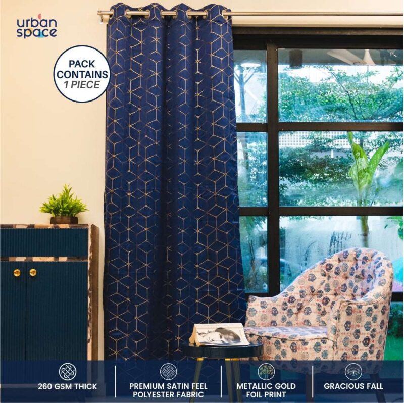 Gold Foil Printed 80-85% Blackout Curtains - Pack of 1 Curtain - Navy Blue - Image 2