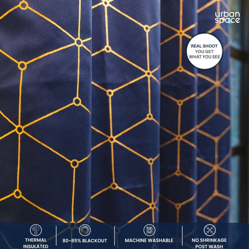 Gold Foil Printed 80-85% Blackout Curtains - Pack of 1 Curtain - Navy Blue - Image 3