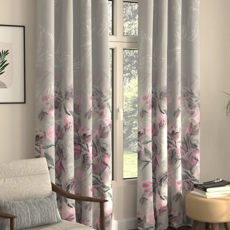 Blackout Curtains. Digital Printed Curtains. Pack of 2 Curtains - Winter Crocus Pink