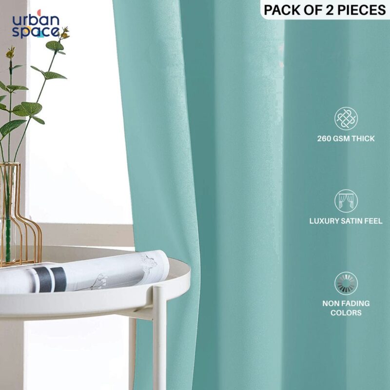 Faux Silk Blackout Curtains for Door and Window. Pack of 2 Curtains - Aqua Blue - Image 2