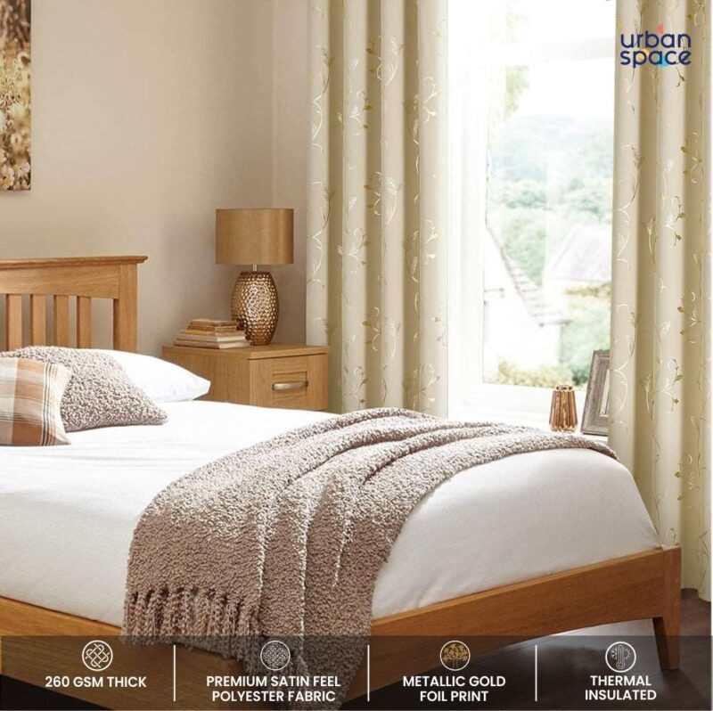 Gold Foil Printed 80-85% Blackout Curtains - Pack of 1 - Vine- Beige - Image 3