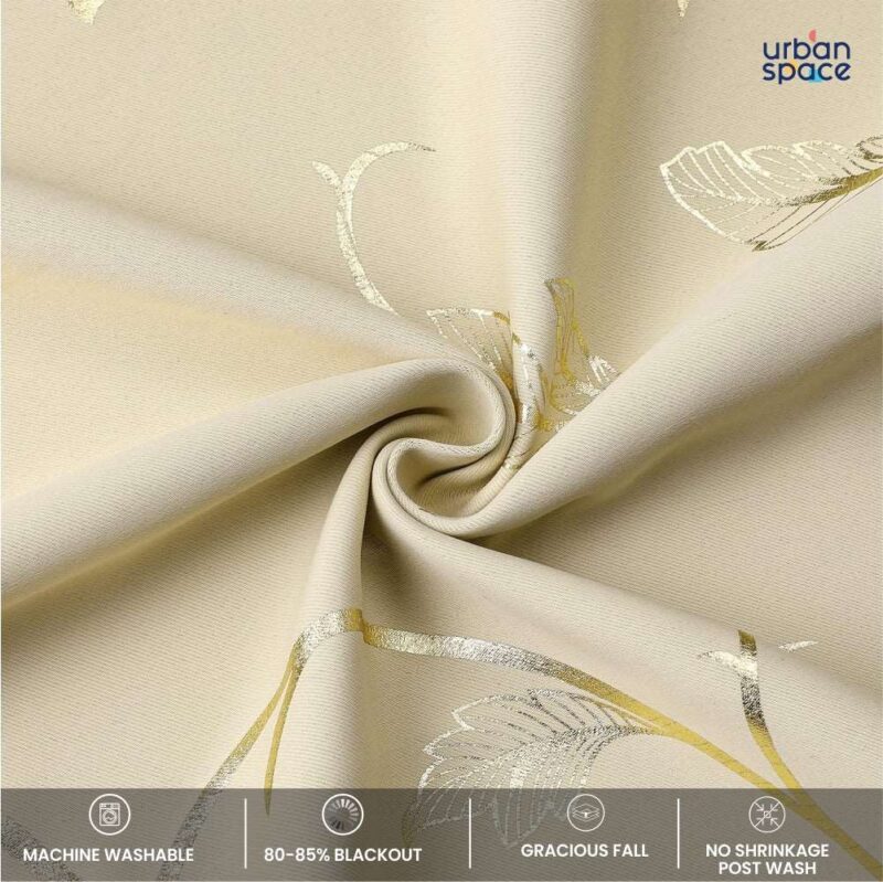 Gold Foil Printed 80-85% Blackout Curtains - Pack of 1 - Vine- Beige - Image 4