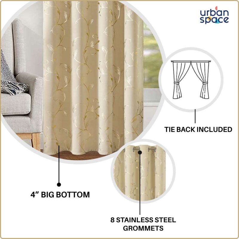 Gold Foil Printed 80-85% Blackout Curtains - Pack of 1 - Vine- Beige - Image 5